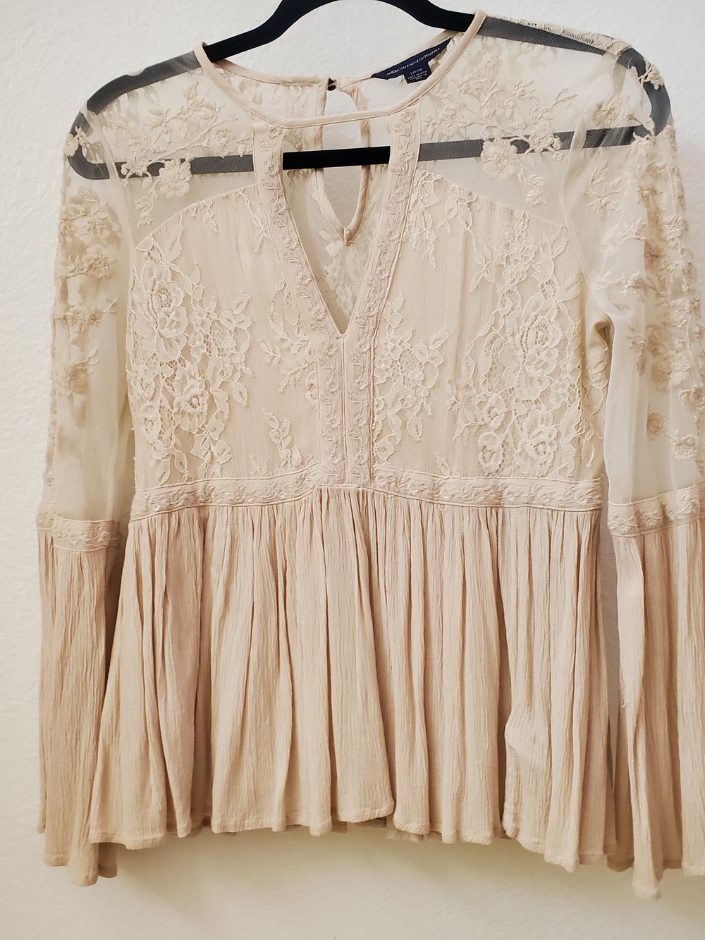 American Eagle Outfitters Embroidered Cream Peasant Blouse